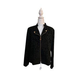 NWOT Anne Klein Black Velvet Leopard Print Zip Up Jacket/Blazer Size Large